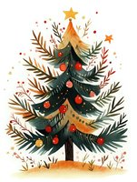 Watercolor Christmas tree with red ornaments and golden star topper, surrounded by decorative branches and festive botanical elements on white background.