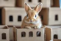 Adorable light brown dwarf rabbit with blue eyes peeking out from cardboard castle window, soft fur and alert ears creating charming pet portrait against blurred background.
