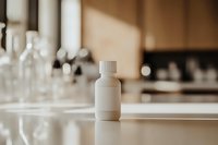 White plastic medicine bottle on reflective surface with blurred pharmacy or medical laboratory background in warm tones. Healthcare concept.