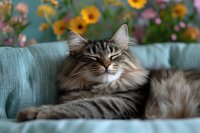 Contented long-haired tabby cat relaxing on turquoise sofa with yellow flowers in background, showing peaceful expression and fluffy fur coat.