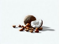 Fresh coconut with white flesh and scattered hazelnuts on white background, ideal for food photography and healthy eating concepts.