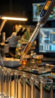 Digital pipette dispensing liquid into test tubes in modern laboratory with computer monitors and scientific equipment for research and analysis.