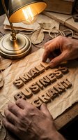 Elderly hands arranging wooden letters spelling small business grant on vintage desk with warm lamp light and old books creating cozy workspace atmosphere.