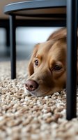Golden retriever puppy lying on beige carpet, looking through table legs with soulful brown eyes and gentle expression, close-up portrait showing soft fur and nose.
