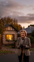 Senior Caucasian woman with walking cane standing outside cozy home during golden hour sunset, warm lighting creating peaceful retirement lifestyle moment.