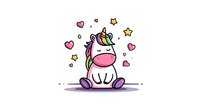 Cute cartoon unicorn sitting with rainbow mane and pink nose surrounded by hearts and stars on white background, isolated character for children designs and products.