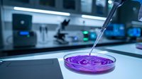 Laboratory scientist conducting research with purple bacterial culture in petri dish using precision pipette in modern sterile lab environment.