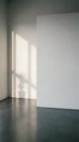 Minimalist interior corner with natural sunlight casting window shadows on white wall and polished concrete floor creating geometric patterns and serene atmosphere.