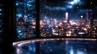 Futuristic curved window view of glowing night cityscape with bokeh lights and reflections on glossy floor, creating atmospheric urban scenery.