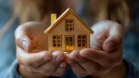 Female hands gently holding small golden house model against blurred blue background, representing real estate investment, property ownership, and home protection concept.
