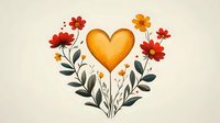 Golden heart surrounded by red and orange wildflowers with green leaves and stems on beige background, romantic floral composition for valentines cards and love designs.