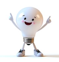 Cheerful cartoon light bulb character with sneakers raising arms in victory pose on white background, suitable for creative and innovation concepts.