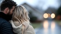 Romantic couple embracing at dusk, blonde woman in cozy sweater and bearded man in dark jacket looking at bokeh lights reflecting on water surface.