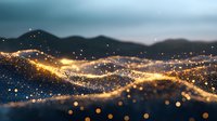 Glowing golden light waves with sparkles and bokeh effects flow across dark mountain silhouettes at dusk, creating magical atmospheric background.