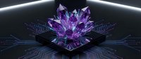 Purple crystal formation with geometric patterns and glowing light effects on dark futuristic background for digital art and sci-fi design projects.