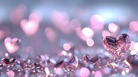 Pink crystal hearts scattered on reflective surface with soft bokeh lights creating romantic dreamy atmosphere. Luxury Valentine's day background with sparkling gems.