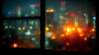 Rainy evening view through wet window with colorful city lights creating bokeh effect. Cozy indoor atmosphere with water droplets on glass during urban storm.