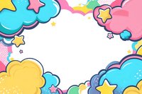 Playful cartoon clouds and stars frame in pastel pink, blue and yellow colors with decorative elements creating cheerful border composition on white background.