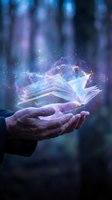 Hands holding magical glowing open book with cosmic energy and sparkling particles floating above palms in mystical forest setting.