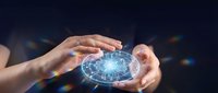 Hands protecting glowing digital brain with neural network connections representing artificial intelligence, machine learning and cognitive technology innovation.