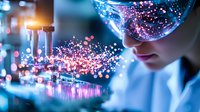 Young Asian female scientist in protective eyewear observing glowing particles in laboratory setting with test tubes and experimental equipment in blue and pink lighting.