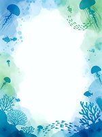 Watercolor underwater ocean frame with jellyfish, coral reef, fish silhouettes in blue and green tones. Marine border for invitations, posters, cards.