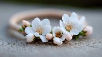 Delicate white cherry blossoms and buds arranged in romantic floral crown on soft lace background, spring wedding accessory for bride or flower girl.