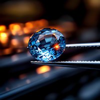 Brilliant blue topaz gemstone held in tweezers with sparkling light reflection and bokeh background, showcasing luxury jewelry craftsmanship and precision cut facets.