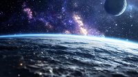 Stunning view of Earth from space with glowing atmosphere, crescent moon and colorful Milky Way galaxy against starry cosmos background. Suitable for astronomy themes.