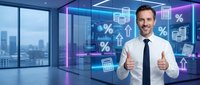 Smiling businessman giving thumbs up in modern office with financial data visualization and percentage symbols floating around him.