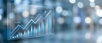 Business growth chart with upward trending arrow showing financial success and data analytics on blurred corporate background for presentations.