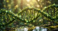 Green DNA double helix structure with glowing particles and laboratory equipment for biotechnology research and genetic engineering applications.