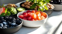 Fresh assorted berries and citrus segments in ceramic bowls on white surface with natural lighting, creating vibrant healthy food composition.