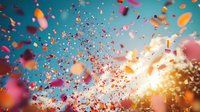 Colorful flower petals floating in turquoise sky with bright sunlight creating magical atmosphere. Romantic celebration backdrop for wedding or spring events.