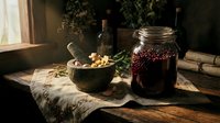 Mortar bowl with dried herbs and berries beside glass jar filled with red peppercorns on rustic wooden table near window, natural lighting for culinary and wellness content.