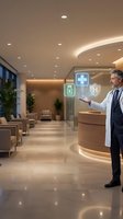 Middle-aged Caucasian male doctor in white coat using holographic medical interface in modern hospital lobby with digital health icons and futuristic technology.