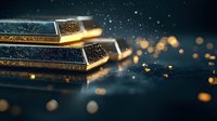 Stacked gold bars with sparkling particles and bokeh effects on dark background, luxury investment concept with dramatic lighting and reflections.