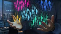 Business professional analyzing colorful demographic data visualization with holographic human figures representing population statistics and analytics.