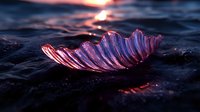 Translucent purple seashell floating on dark ocean water at sunset, with sunlight creating magical pink and orange reflections on rippling surface.