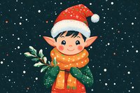 Cute Christmas elf character wearing Santa hat and colorful scarf holding mistletoe branch on snowy winter night background for holiday greeting cards.