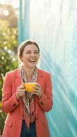 Happy young Caucasian businesswoman in coral blazer laughing while holding yellow coffee cup outdoors with modern glass building background and natural sunlight.
