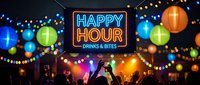 Vibrant happy hour neon sign with colorful paper lanterns and string lights creating festive nightlife atmosphere for bar restaurant promotion.