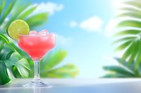 Pink tropical cocktail in coupe glass garnished with lime slice and ice cubes against blurred palm leaves and blue sky background, summer refreshment.