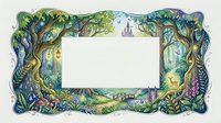 Enchanted forest frame with fairy tale castle, magical trees and mystical landscape border for fantasy storytelling and children's content.