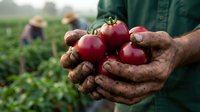 Farmer hands holding fresh ripe red tomatoes in agricultural field with workers harvesting crops in background during summer season.