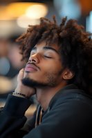 Young African American man with dreadlocks relaxing with eyes closed, hand on chin in contemplative pose. Peaceful moment of meditation and mindfulness in warm indoor setting.