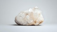 Raw white quartz crystal cluster with translucent crystalline formations on gray background, showing natural mineral structure and geometric patterns.