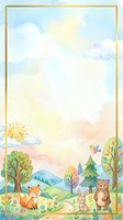 Watercolor woodland scene with fox, bear, bunny, and bird in a sunny meadow with trees and gold frame border for kids design.
