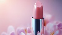 Pink lipstick in metallic case against soft floral background with delicate petals and dreamy bokeh lights creating romantic cosmetic composition.