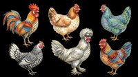 Six colorful illustrated chickens and rooster isolated on transparent background, ready for t-shirt design, stickers, clipart, print on demand, and sublimation projects.
